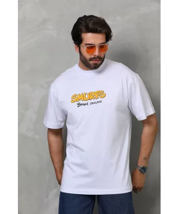 Unisex Bisiklet Yaka Baskılı Oversize T-Shirt - Beyaz