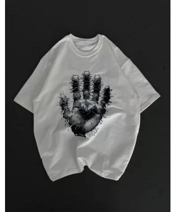 Unisex Bisiklet Yaka Baskılı Oversize T-Shirt - Beyaz