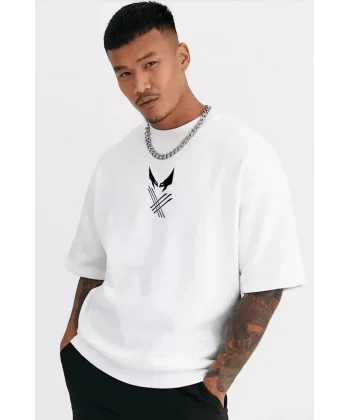 Unisex Bisiklet Yaka Baskılı Oversize T-Shirt - Beyaz