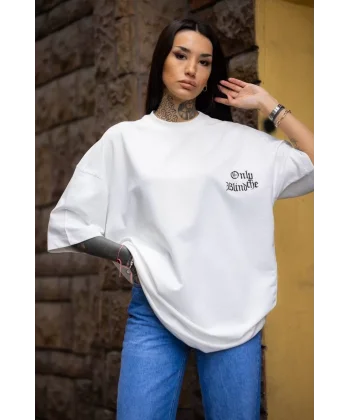 Unisex Bisiklet Yaka Baskılı Oversize T-Shirt - Beyaz