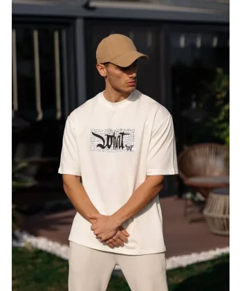 Unisex Bisiklet Yaka Baskılı Oversize T-Shirt - Beyaz