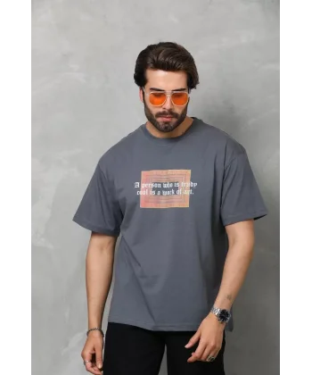 Unisex Bisiklet Yaka Baskılı Oversize T-Shirt - Füme