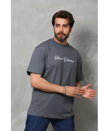 Unisex Bisiklet Yaka Baskılı Oversize T-Shirt - Füme