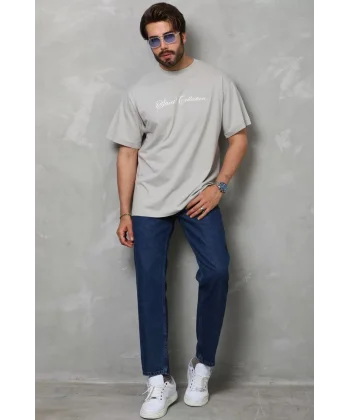 Unisex Bisiklet Yaka Baskılı Oversize T-Shirt - Gri