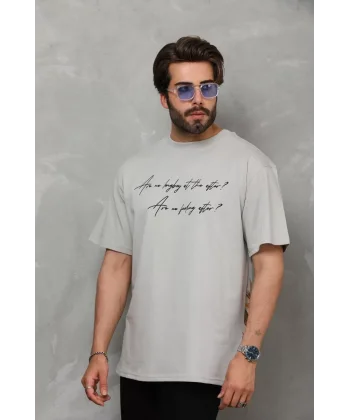 Unisex Bisiklet Yaka Baskılı Oversize T-Shirt - Gri