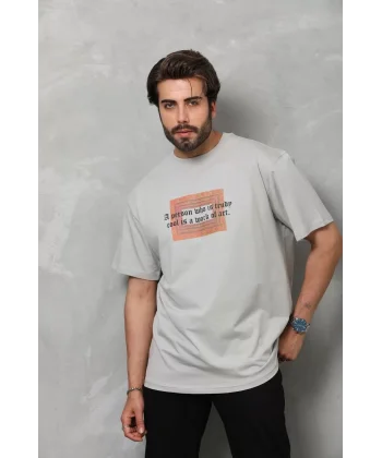 Unisex Bisiklet Yaka Baskılı Oversize T-Shirt - Gri