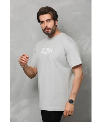Unisex Bisiklet Yaka Baskılı Oversize T-Shirt - Gri