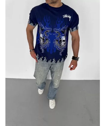 Unisex Bisiklet Yaka Baskılı Oversize T-Shirt - Lacivert