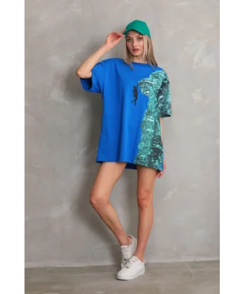 Unisex Bisiklet Yaka Baskılı Oversize T-Shirt - Mavi