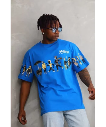 Unisex Bisiklet Yaka Baskılı Oversize T-Shirt - Mavi