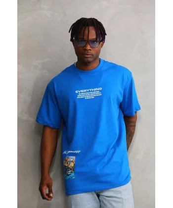 Unisex Bisiklet Yaka Baskılı Oversize T-Shirt - Mavi