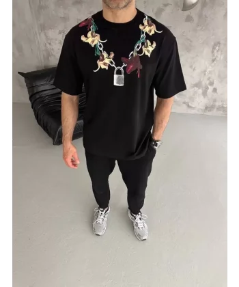 Unisex Bisiklet Yaka Baskılı Oversize T-Shirt - Siyah