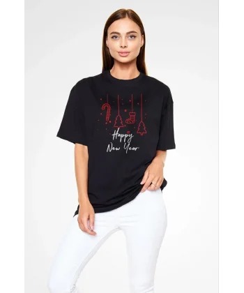 Unisex Bisiklet Yaka Baskılı Oversize T-Shirt - Siyah