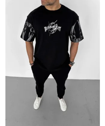 Unisex Bisiklet Yaka Baskılı Oversize T-Shirt - Siyah