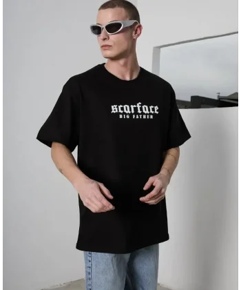 Unisex Bisiklet Yaka Baskılı Oversize T-Shirt - Siyah