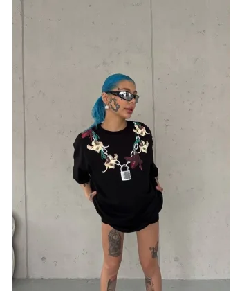 Unisex Bisiklet Yaka Baskılı Oversize T-Shirt - Siyah