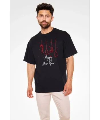 Unisex Bisiklet Yaka Baskılı Oversize T-Shirt - Siyah