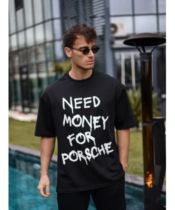 Unisex Bisiklet Yaka Baskılı Oversize T-Shirt - Siyah