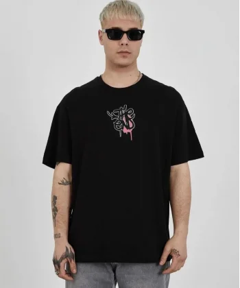 Unisex Bisiklet Yaka Baskılı Oversize T-Shirt - Siyah