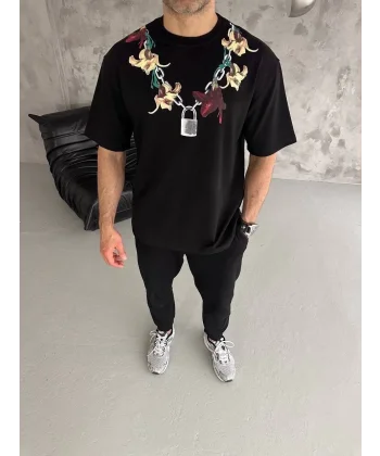 Unisex Bisiklet Yaka Baskılı Oversize T-Shirt - Siyah