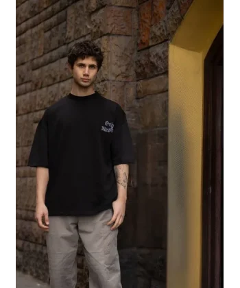 Unisex Bisiklet Yaka Baskılı Oversize T-Shirt - Siyah