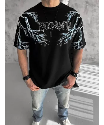 Unisex Bisiklet Yaka Baskılı Oversize T-Shirt-Siyah