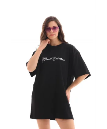 Unisex Bisiklet Yaka Baskılı Oversize T-Shirt - Siyah