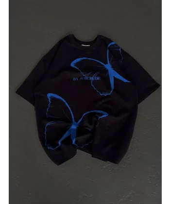 Unisex Bisiklet Yaka Baskılı Oversize T-Shirt - Siyah