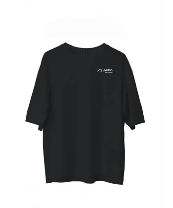 Unisex Bisiklet Yaka Baskılı Oversize T-Shirt - Siyah