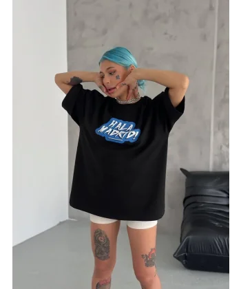 Unisex Bisiklet Yaka Baskılı Oversize T-Shirt - Siyah