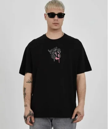 Unisex Bisiklet Yaka Baskılı Oversize T-Shirt - Siyah