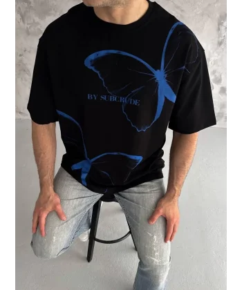 Unisex Bisiklet Yaka Baskılı Oversize T-Shirt - Siyah