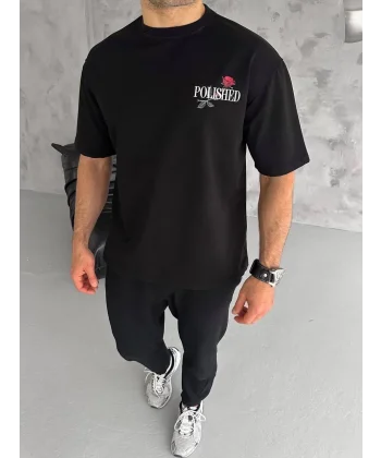 Unisex Bisiklet Yaka Baskılı Oversize T-Shirt - Siyah