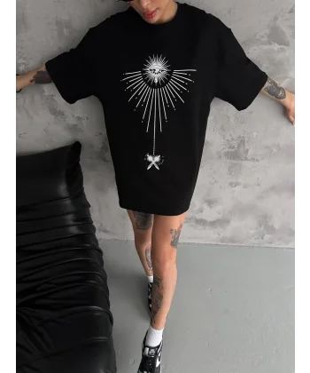 Unisex Bisiklet Yaka Baskılı Oversize T-Shirt - Siyah