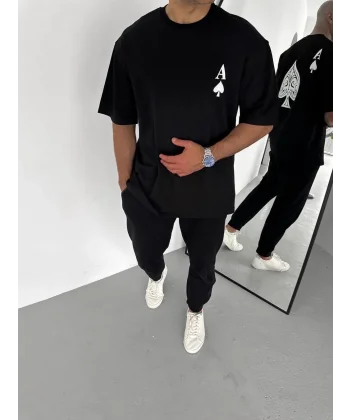 Unisex Bisiklet Yaka Baskılı Oversize T-Shirt - Siyah