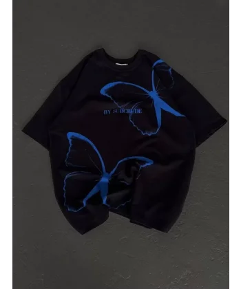 Unisex Bisiklet Yaka Baskılı Oversize T-Shirt - Siyah