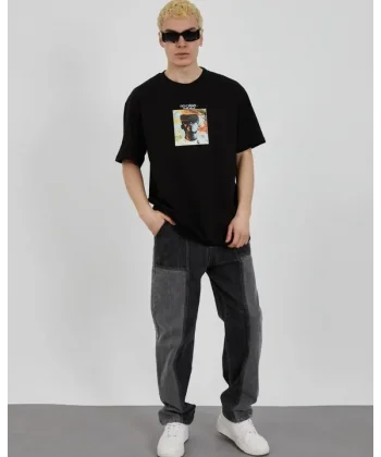 Unisex Bisiklet Yaka Baskılı Oversize T-Shirt - Siyah