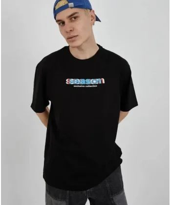 Unisex Bisiklet Yaka Baskılı Oversize T-Shirt - Siyah