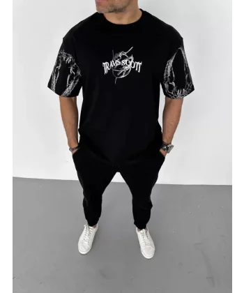 Unisex Bisiklet Yaka Baskılı Oversize T-Shirt - Siyah