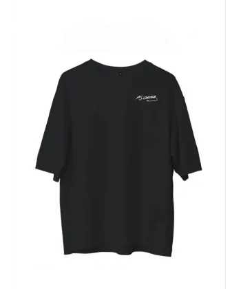 Unisex Bisiklet Yaka Baskılı Oversize T-Shirt - Siyah