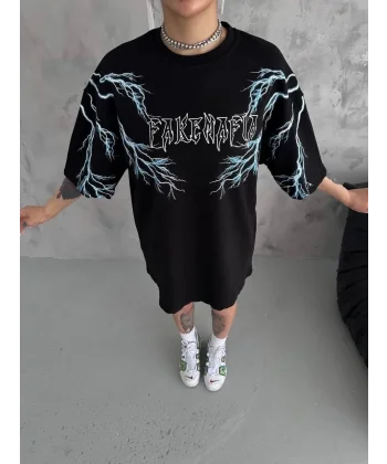 Unisex Bisiklet Yaka Baskılı Oversize T-Shirt - Siyah