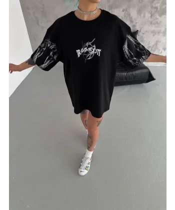 Unisex Bisiklet Yaka Baskılı Oversize T-Shirt - Siyah