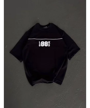 Unisex Bisiklet Yaka Baskılı Oversize T-Shirt - Siyah