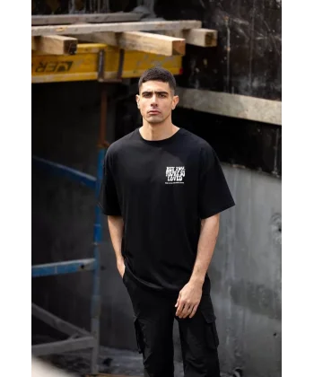 Unisex Bisiklet Yaka Baskılı Oversize T-Shirt - Siyah