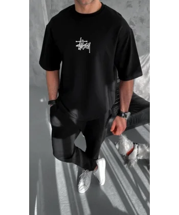 Unisex Bisiklet Yaka Baskılı Oversize T-Shirt - Siyah