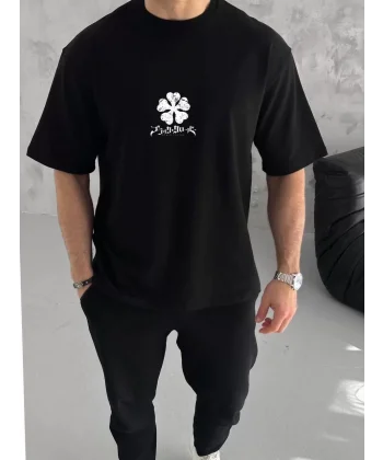 Unisex Bisiklet Yaka Baskılı Oversize T-Shirt - Siyah