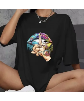 Unisex Bisiklet Yaka Baskılı Oversize T-Shirt - Siyah