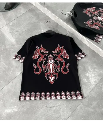 Unisex Bisiklet Yaka Baskılı Oversize T-Shirt - Siyah