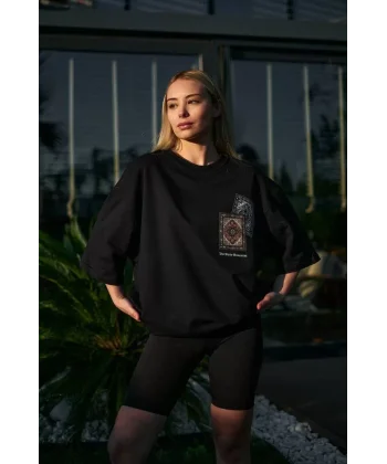 Unisex Bisiklet Yaka Baskılı Oversize T-Shirt - Siyah