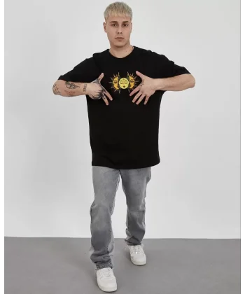 Unisex Bisiklet Yaka Baskılı Oversize T-Shirt - Siyah